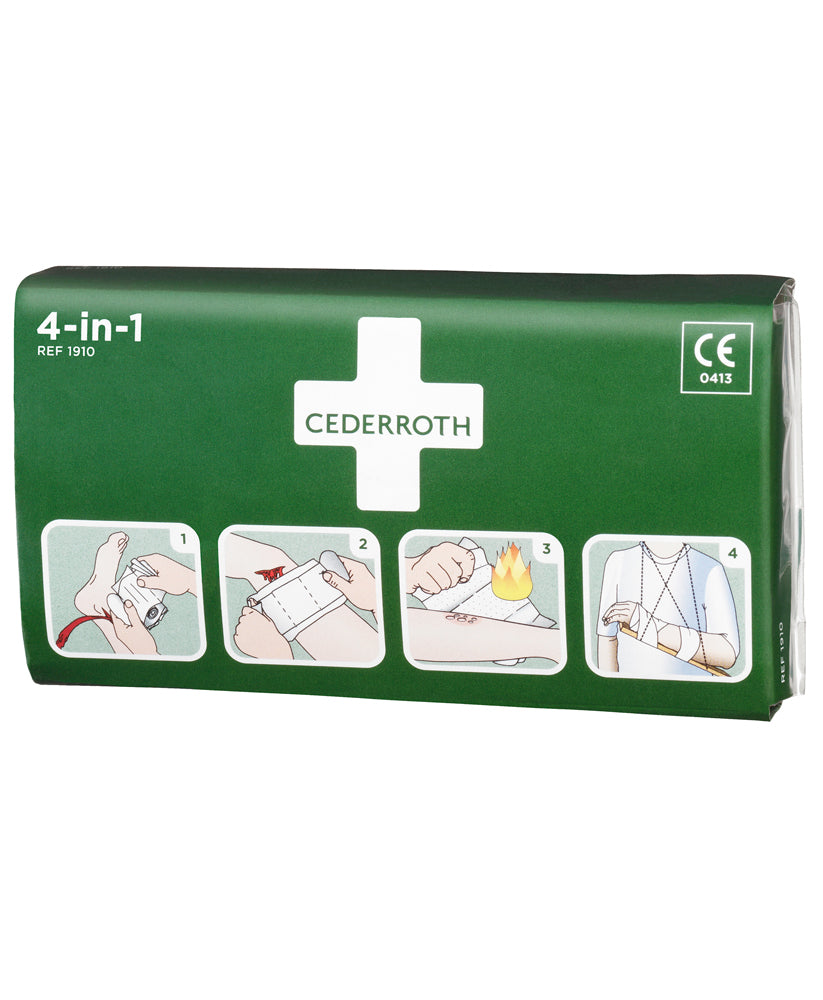 Iso Cederroth 4‑in‑1 ‑ensiapuside suuriin haavoihin ja sidontaan